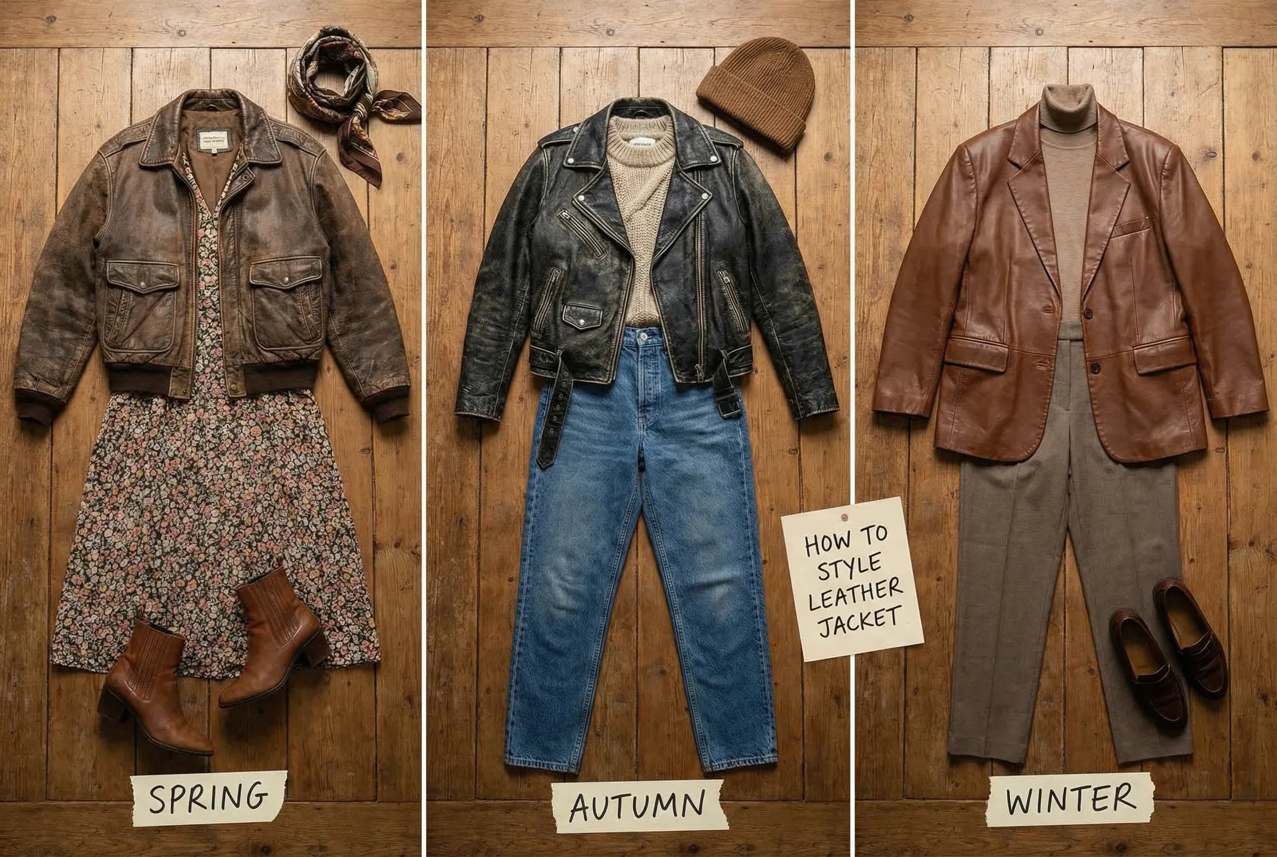 Styled vintage leather jacket outfit combinations showcasing different silhouettes and seasonal pairings