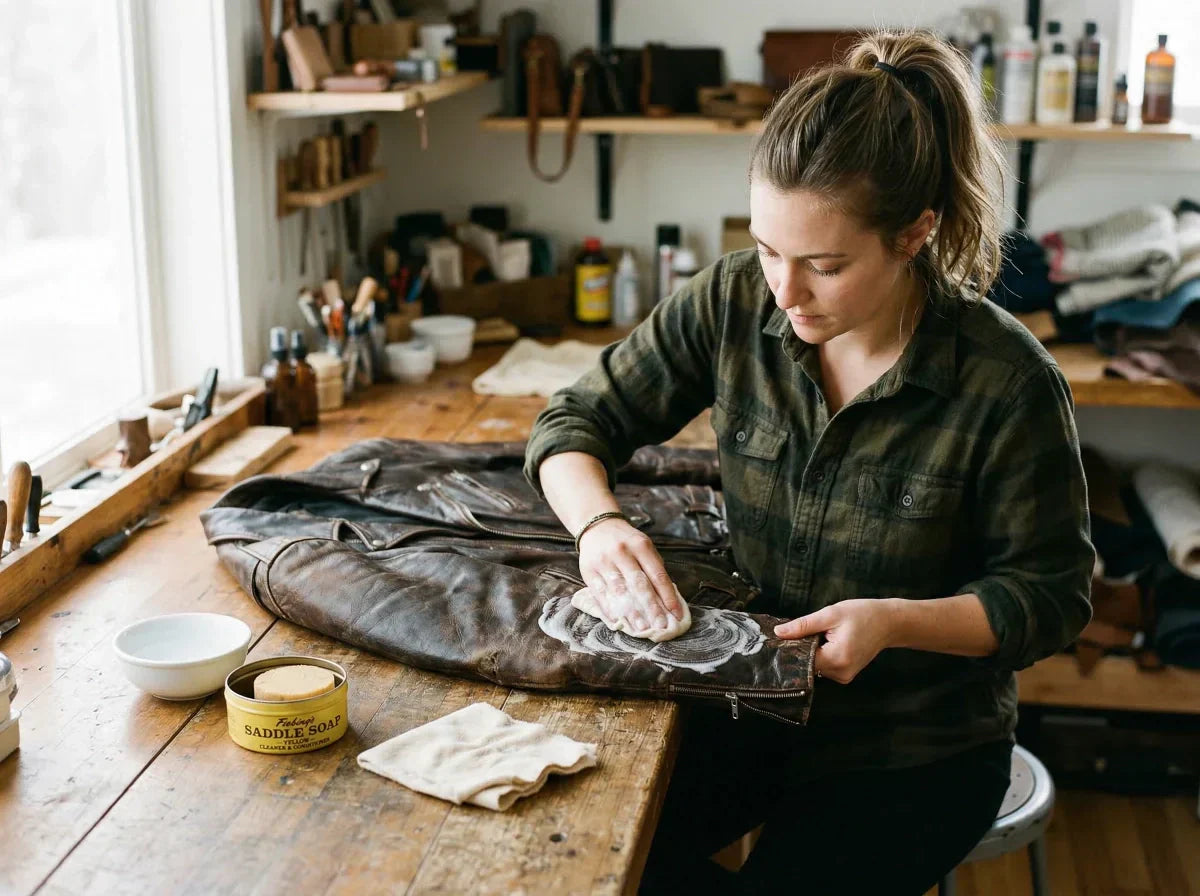 Person carefully cleaning a vintage leather jacket with saddle soap and soft cloth