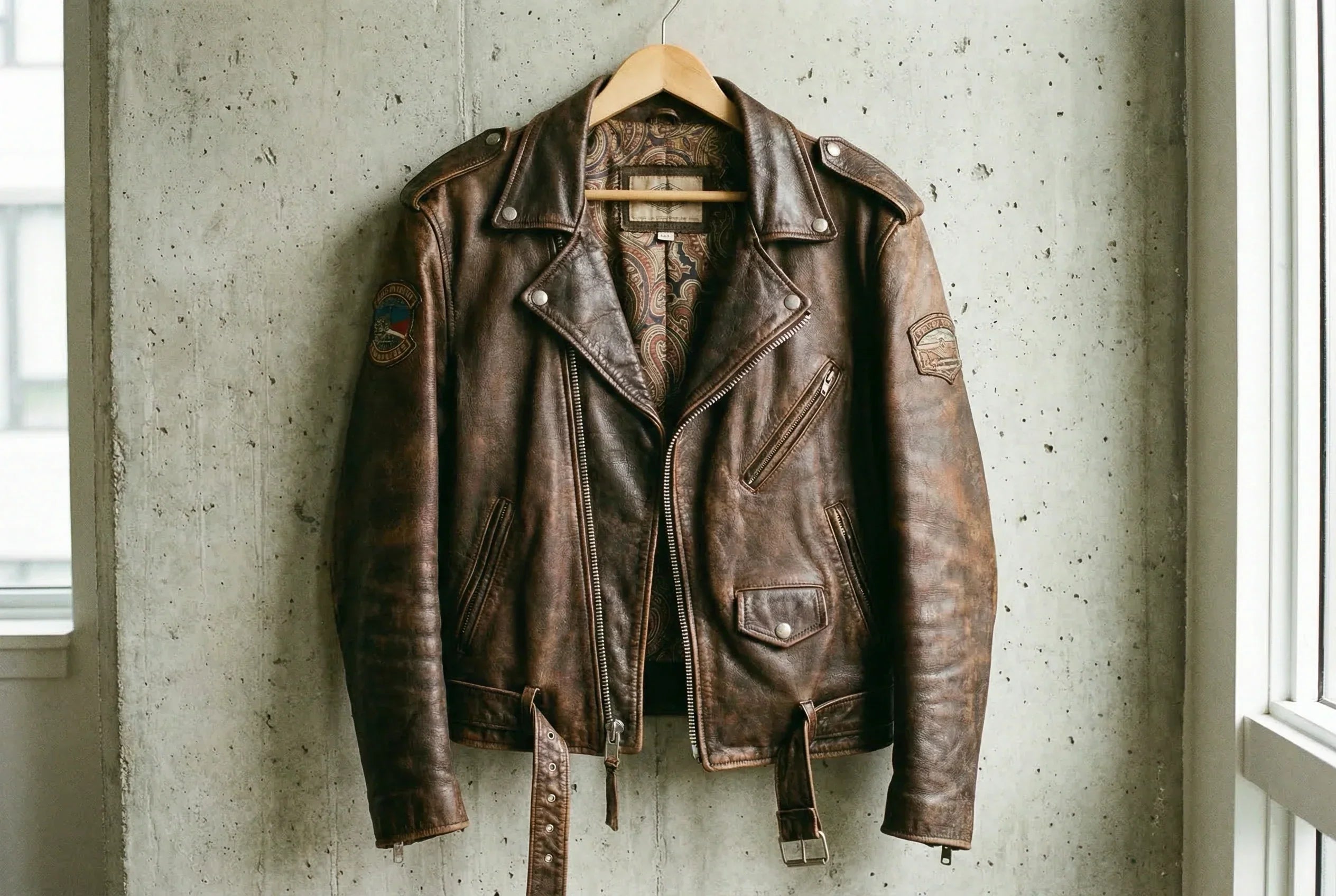 Restored 1980s brown leather biker jacket with YKK zipper and Italian fabric lining, displayed on a neutral background