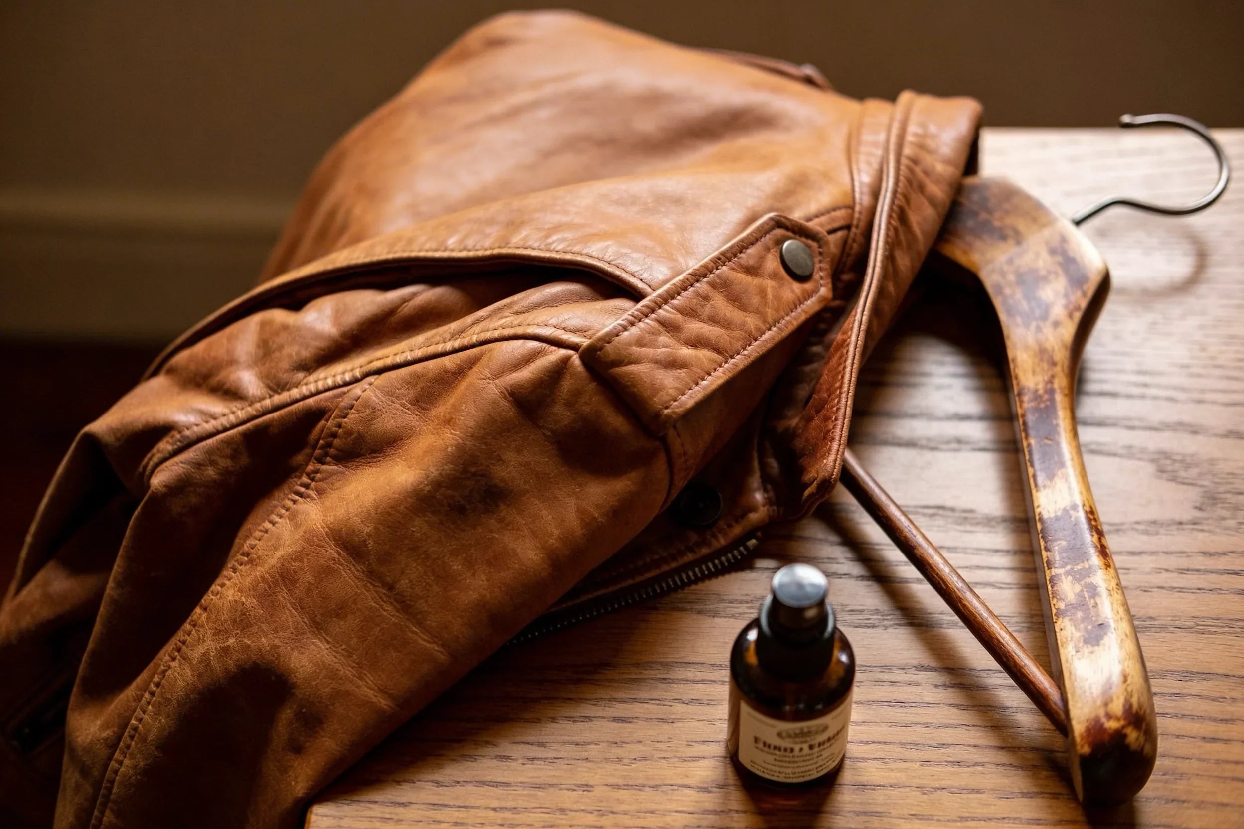 Vintage brown leather jacket draped over wooden hanger with conditioning product on wooden surface