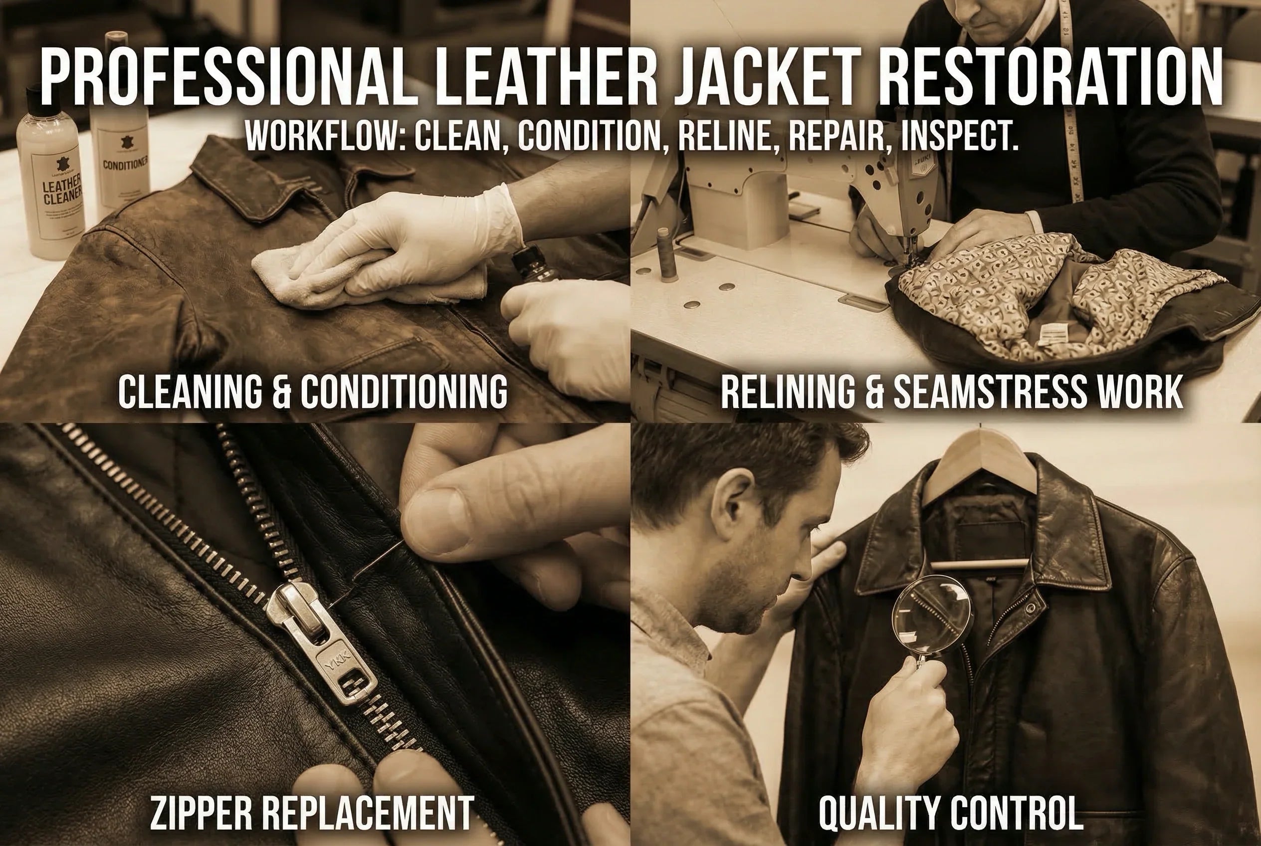 Professional leather jacket restoration workflow – cleaning, conditioning, Italian fabric relining, YKK zipper replacement, seamstress work, quality control