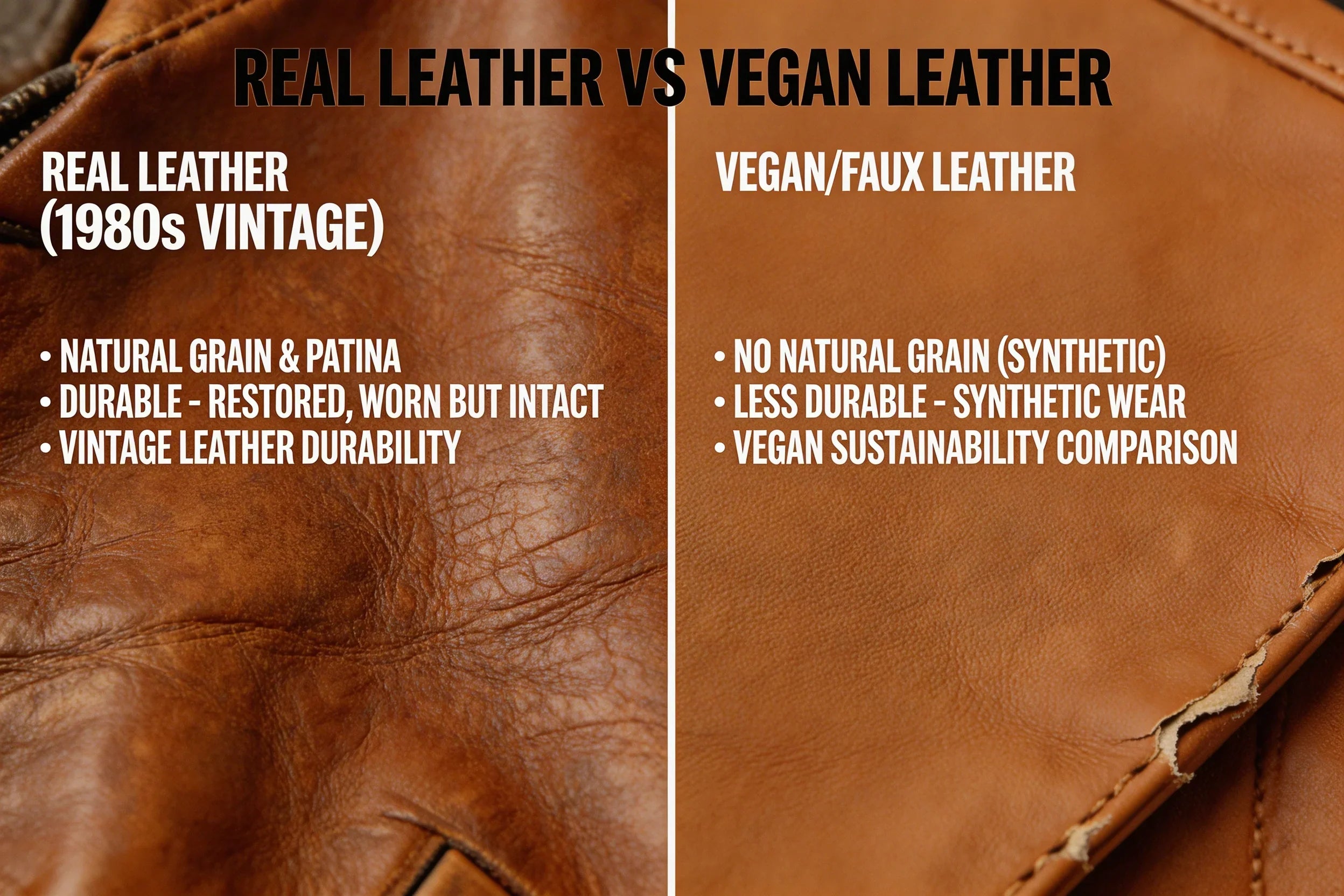 Close-up of restored 1980s vintage leather jacket showing grain texture and patina, demonstrating durability of real leather